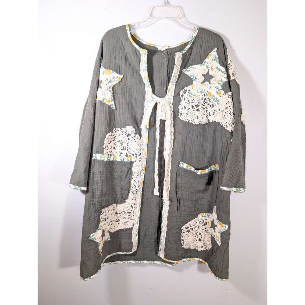 POL Cardigan Green Patchwork Gauze Open Front Oversized 3/4 Sleeve Medium